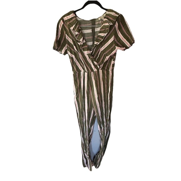 Polagram Pants - Polagram Striped Jumpsuit Ruffle V Neck Pink Green Size L Casual Boho Feminine